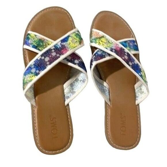 TOMS Women's Slide Sandals Multi Color Floral Criss Cross Summer Size 10 - Picture 1 of 6